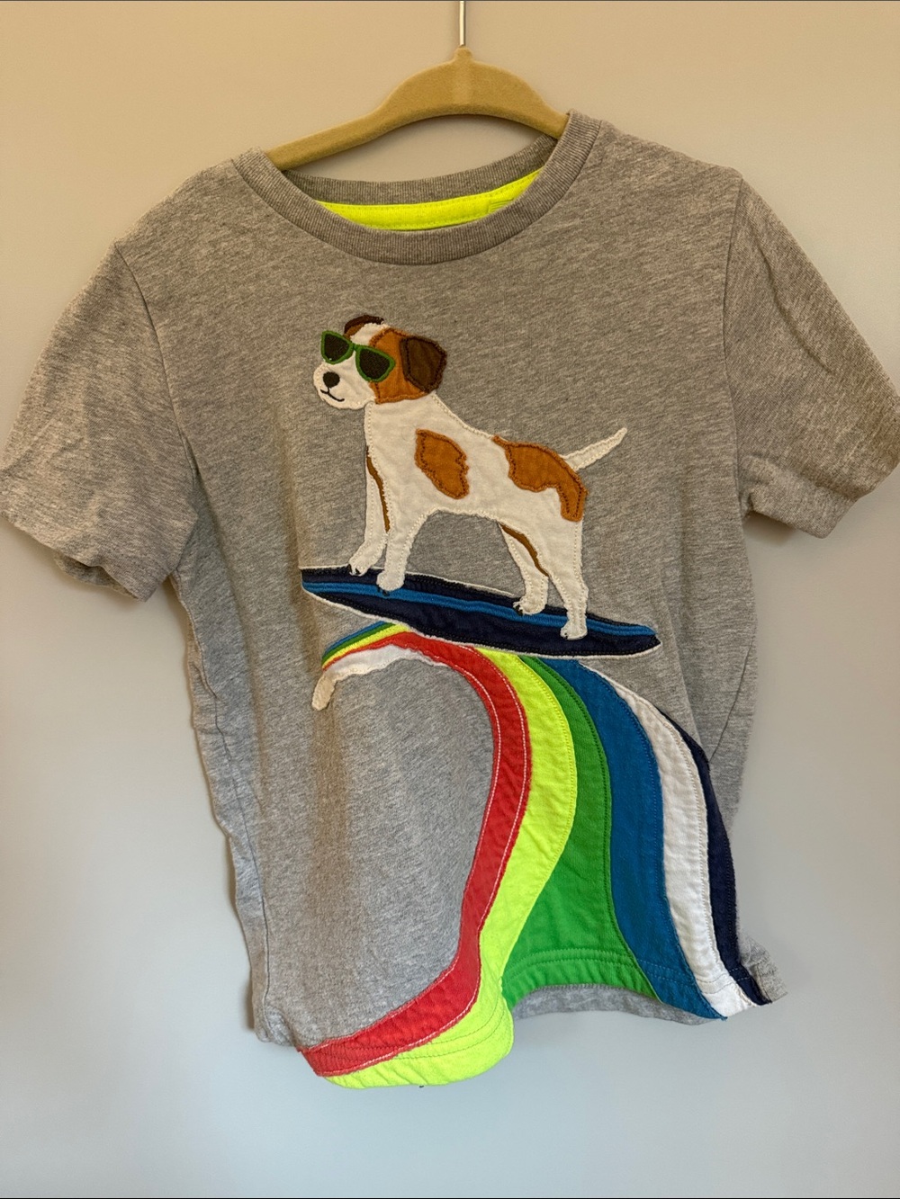 Mini Boden Grey Tee with Surfing Dog and Bright Rainbow Waves